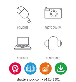 Photo camera, headphones and notebook laptop icons. PC mouse linear sign. Award medal, growth chart and opened book web icons. Download arrow. Vector