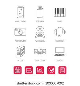 Photo camera, headphones and Usb flash icons. PC case, computer with monitor and web camera linear signs. Piano icons. Report document, Graph chart and Calendar signs. Laptop and Check web icons