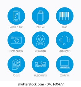 Photo camera, headphones and Usb flash icons. PC case, computer with monitor and web camera linear signs. Piano icons. Blue circle buttons set. Linear icons.