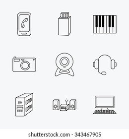 Photo camera, headphones and Usb flash icons. PC case, computer with monitor and web camera linear signs. Piano icons. Linear black icons on white background.