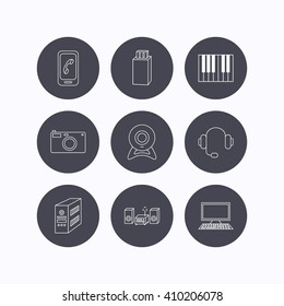 Photo camera, headphones and Usb flash icons. PC case, computer with monitor and web camera linear signs. Piano icons. Flat icons in circle buttons on white background. Vector