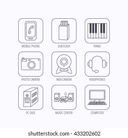 Photo camera, headphones and Usb flash icons. PC case, computer with monitor and web camera linear signs. Piano icons. Flat linear icons in squares on white background. Vector