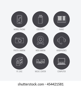 Photo camera, headphones and Usb flash icons. PC case, computer with monitor and web camera linear signs. Piano icons. Linear icons in circle buttons. Flat web symbols. Vector