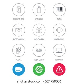 Photo camera, headphones and Usb flash icons. PC case, computer with monitor and web camera linear signs. Piano icons. Video cam, hazard attention and internet globe icons. Vector