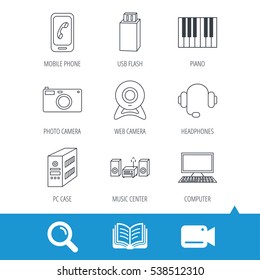 Photo camera, headphones and Usb flash icons. PC case, computer with monitor and web camera linear signs. Piano icons. Video cam, book and magnifier search icons. Vector