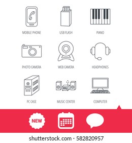 Photo camera, headphones and Usb flash icons. PC case, computer with monitor and web camera linear signs. Piano icons. New tag, speech bubble and calendar web icons. Vector