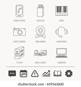Photo camera, headphones and Usb flash icons. PC case, computer with monitor and web camera linear signs. Piano icons. Education book, Graph chart and Chat signs. Vector