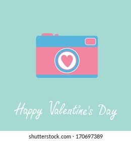 Photo camera with heart.  Happy Valentines Day card.  Vector illustration.