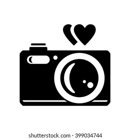 Photo camera with heart. Vector icon. Black and white illustration.