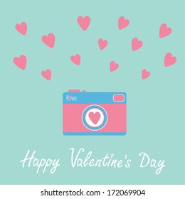 Photo camera with hearts.  Happy Valentines Day card. Vector illustration.