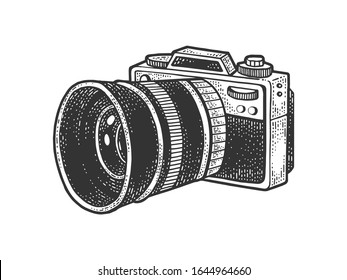 Photo camera with huge lens sketch engraving vector illustration. T-shirt apparel print design. Scratch board imitation. Black and white hand drawn image.