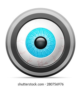 Photo camera with human eye on a white background.