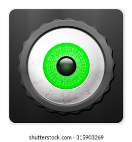 Photo camera with human eye on a white background.