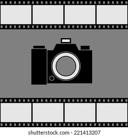 Photo camera icon against the background of the film. Vector illustration.