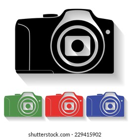 photo camera icon - black and colored (green, red, blue) illustration with shadow