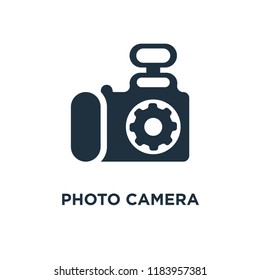 Photo camera icon. Black filled vector illustration. Photo camera symbol on white background. Can be used in web and mobile.