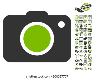 Photo Camera icon with bonus calendar and time service graphic icons. Vector illustration style is flat iconic symbols, eco green and gray colors, white background.