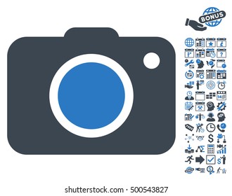 Photo Camera icon with bonus calendar and time management clip art. Vector illustration style is flat iconic symbols, smooth blue colors, white background.