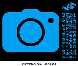 Photo Camera icon with bonus calendar and time management symbols. Vector illustration style is flat iconic symbols, blue color, black background.