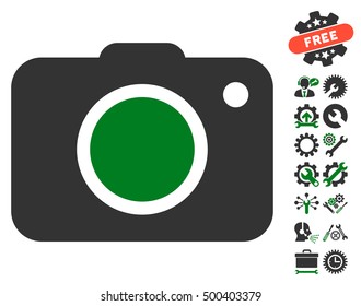 Photo Camera icon with bonus service pictograph collection. Vector illustration style is flat iconic symbols, green and gray colors, white background.