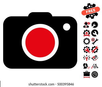 Photo Camera icon with bonus tools images. Vector illustration style is flat iconic symbols, intensive red and black colors, white background.