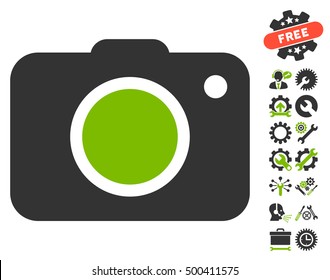 Photo Camera icon with bonus tools images. Vector illustration style is flat iconic symbols, eco green and gray colors, white background.