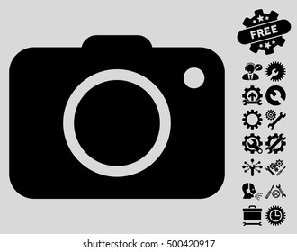 Photo Camera icon with bonus tools pictograms. Vector illustration style is flat iconic symbols, black color, light gray background.