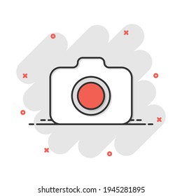 Photo camera icon in comic style. Photographer cam equipment vector cartoon illustration pictogram. Camera business concept splash effect.