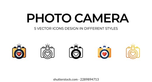 Photo Camera Icon Design in Five style with Editable Stroke. Line, Solid, Flat Line, Duo Tone Color, and Color Gradient Line. Suitable for Web Page, Mobile App, UI, UX and GUI design.