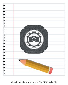 photo camera icon emblem draw with pencil effect. Vector Illustration. Detailed.