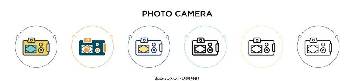 Fotokamerasymbol in voller, dünner Linie, Umriss- und Strichform. Vektorgrafik von zwei farbigen und schwarzen Fotokamera-Vektorgrafiken-Designs kann für mobile, i, web-basierte
