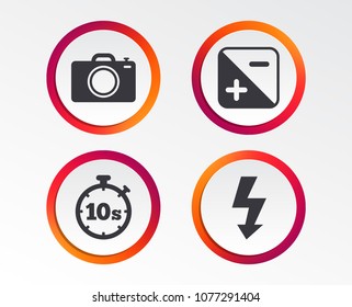 Photo camera icon. Flash light and exposure symbols. Stopwatch timer 10 seconds sign. Infographic design buttons. Circle templates. Vector