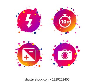 Photo camera icon. Flash light and exposure symbols. Stopwatch timer 10 seconds sign. Gradient circle buttons with icons. Random dots design. Vector
