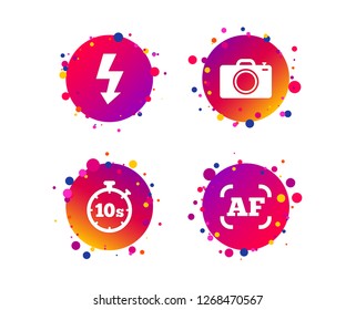 Photo camera icon. Flash light and autofocus AF symbols. Stopwatch timer 10 seconds sign. Gradient circle buttons with icons. Random dots design. Vector