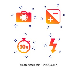 Photo camera icon. Flash light and exposure symbols. Stopwatch timer 10 seconds sign. Random dynamic shapes. Gradient photo icon. Vector