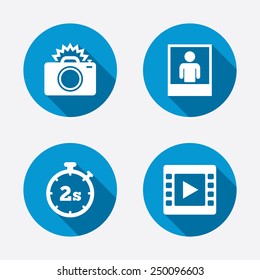 Photo camera icon. Flash light and video frame symbols. Stopwatch timer 2 seconds sign. Human portrait photo frame. Circle concept web buttons. Vector