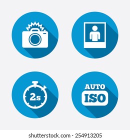 Photo camera icon. Flash light and Auto ISO symbols. Stopwatch timer 2 seconds sign. Human portrait photo frame. Circle concept web buttons. Vector