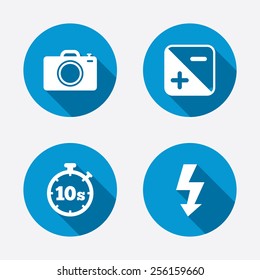 Photo camera icon. Flash light and exposure symbols. Stopwatch timer 10 seconds sign. Circle concept web buttons. Vector