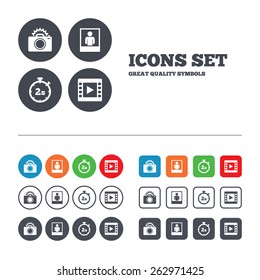Photo camera icon. Flash light and video frame symbols. Stopwatch timer 2 seconds sign. Human portrait photo frame. Web buttons set. Circles and squares templates. Vector