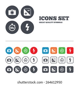 Photo camera icon. Flash light and exposure symbols. Stopwatch timer 10 seconds sign. Web buttons set. Circles and squares templates. Vector