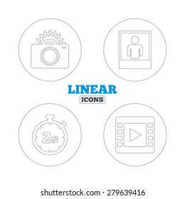 Photo camera icon. Flash light and video frame symbols. Stopwatch timer 2 seconds sign. Human portrait photo frame. Linear outline web icons. Vector