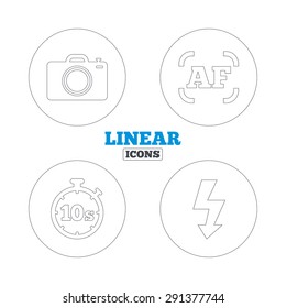 Photo camera icon. Flash light and autofocus AF symbols. Stopwatch timer 10 seconds sign. Linear outline web icons. Vector