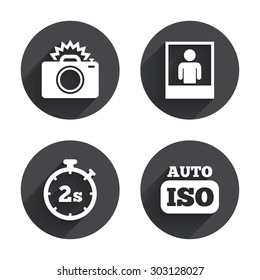 Photo camera icon. Flash light and Auto ISO symbols. Stopwatch timer 2 seconds sign. Human portrait photo frame. Circles buttons with long flat shadow. Vector