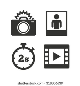 Photo camera icon. Flash light and video frame symbols. Stopwatch timer 2 seconds sign. Human portrait photo frame. Flat icons on white. Vector