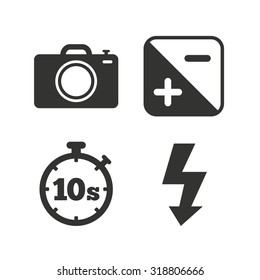 Photo camera icon. Flash light and exposure symbols. Stopwatch timer 10 seconds sign. Flat icons on white. Vector