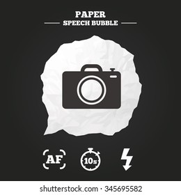 Photo camera icon. Flash light and autofocus AF symbols. Stopwatch timer 10 seconds sign. Paper speech bubble with icon.