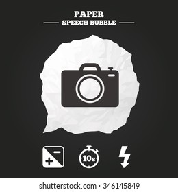 Photo camera icon. Flash light and exposure symbols. Stopwatch timer 10 seconds sign. Paper speech bubble with icon.