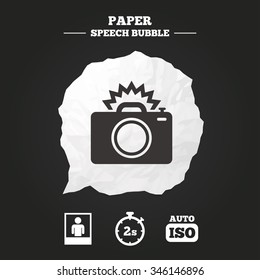 Photo camera icon. Flash light and Auto ISO symbols. Stopwatch timer 2 seconds sign. Human portrait photo frame. Paper speech bubble with icon.