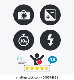 Photo camera icon. Flash light and exposure symbols. Stopwatch timer 10 seconds sign. Star vote ranking. Client like and think bubble. Quotes with message.