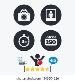 Photo camera icon. Flash light and Auto ISO symbols. Stopwatch timer 2 seconds sign. Human portrait photo frame. Star vote ranking. Client like and think bubble. Quotes with message.